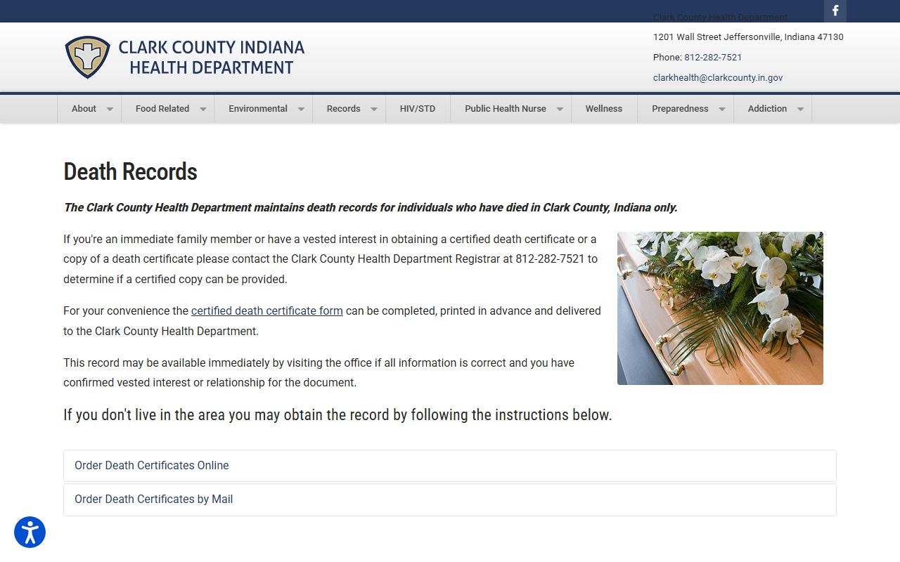 Clark County death records page showing Clark County death index request information