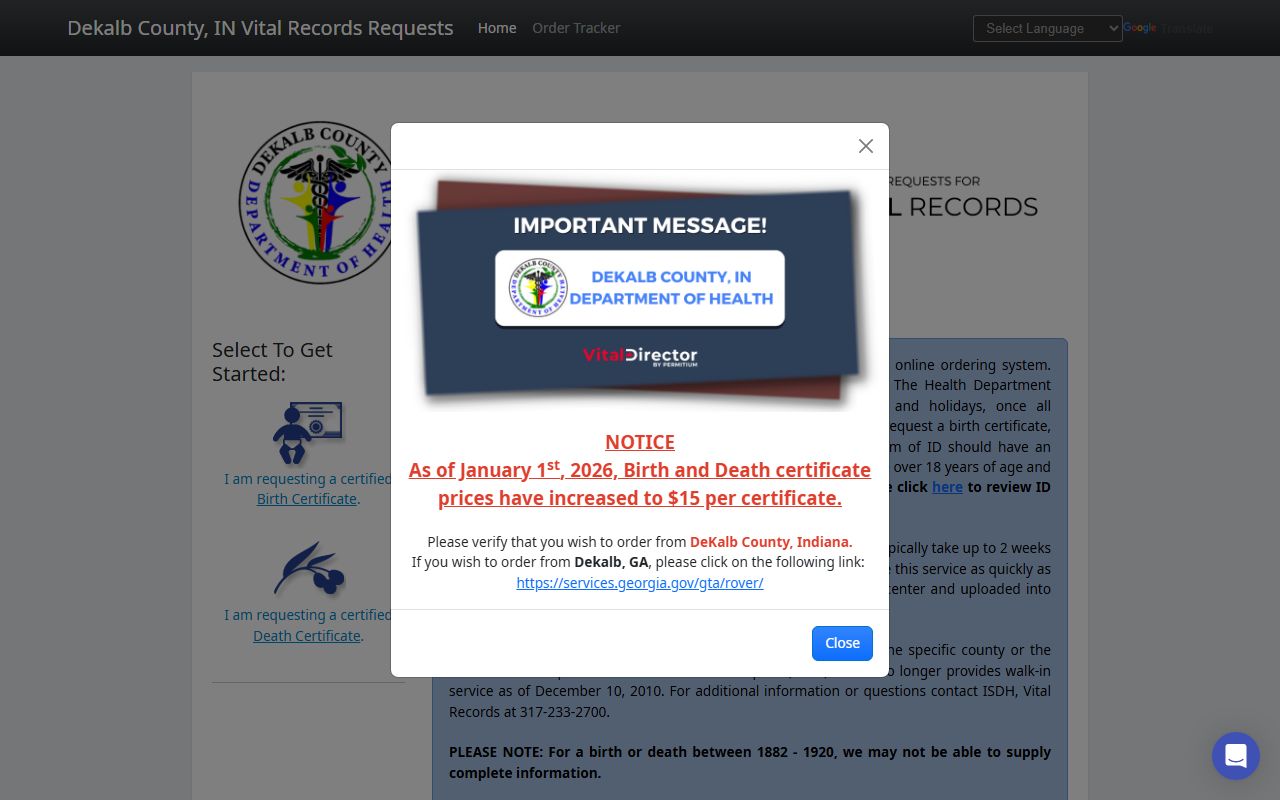 DeKalb County death index online ordering system for death certificates