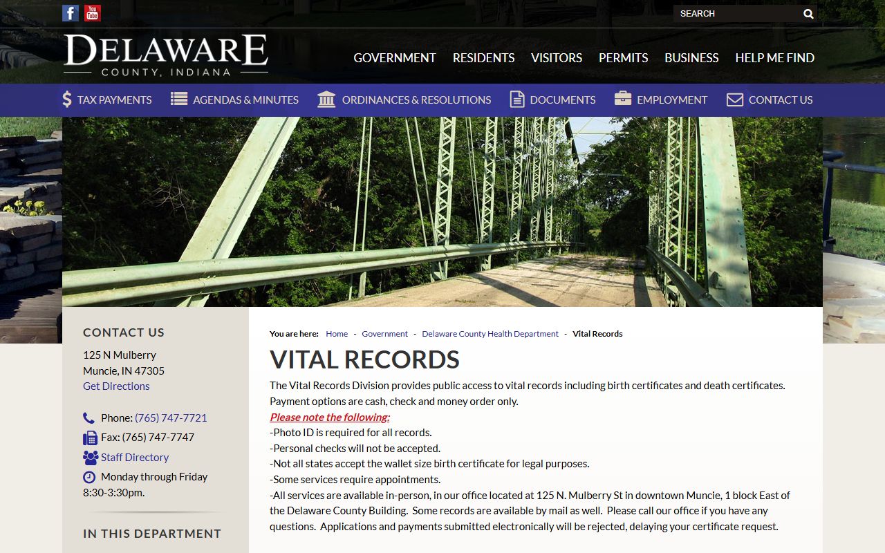 Delaware County death index vital records division page for death certificate requests