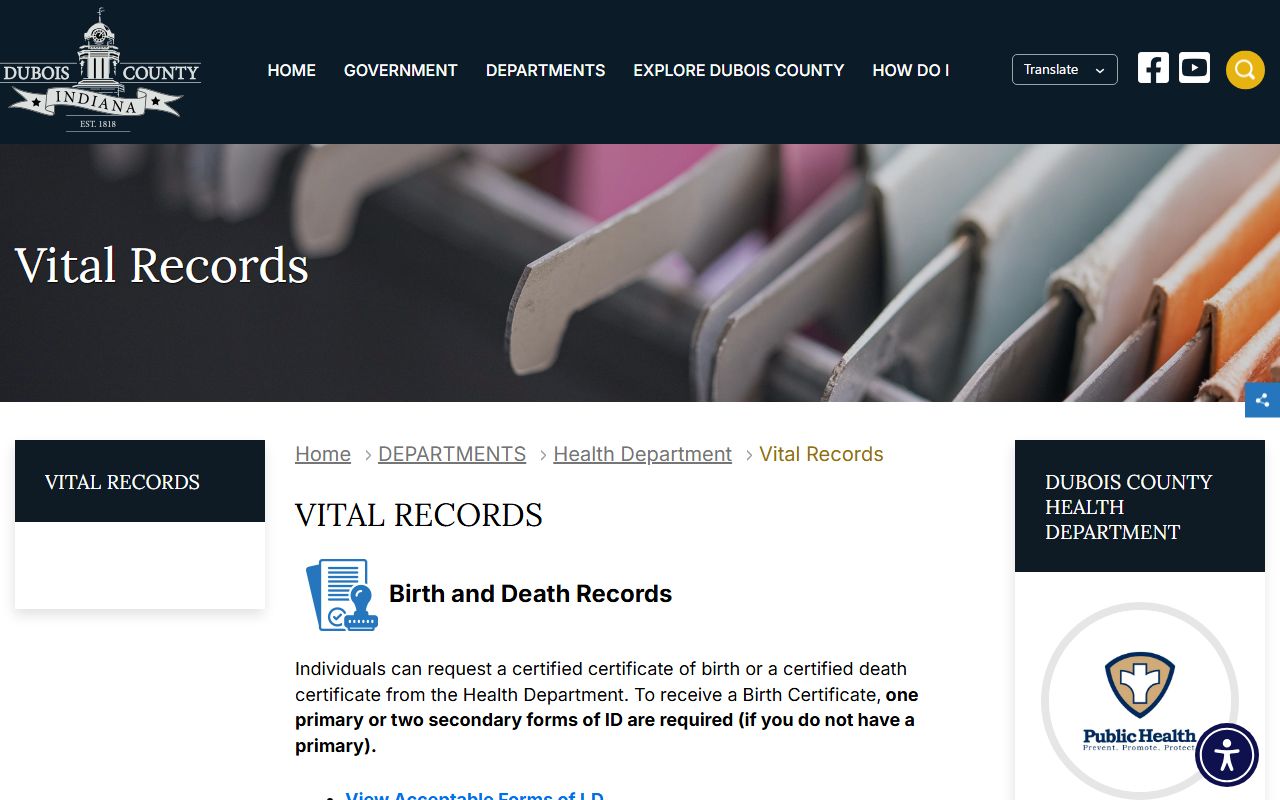 Dubois County death index health department resource page in Jasper Indiana