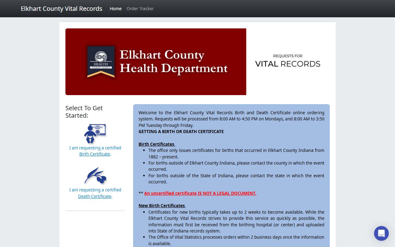 Elkhart County death index online ordering system through Permitium