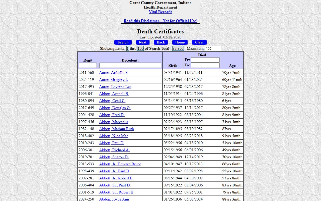 Grant County death index online search database showing death records