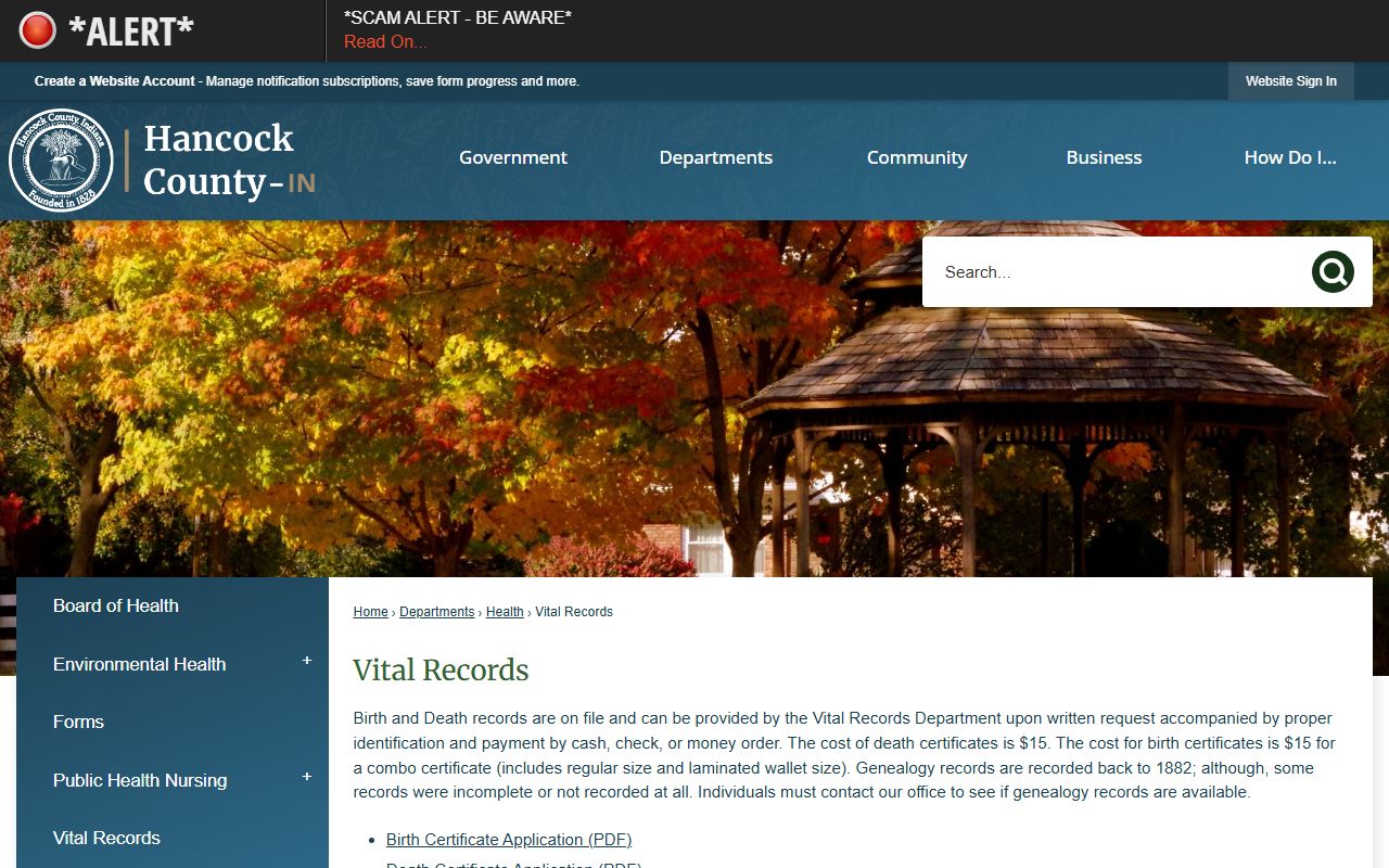 Hancock County vital records page for Hancock County death index requests
