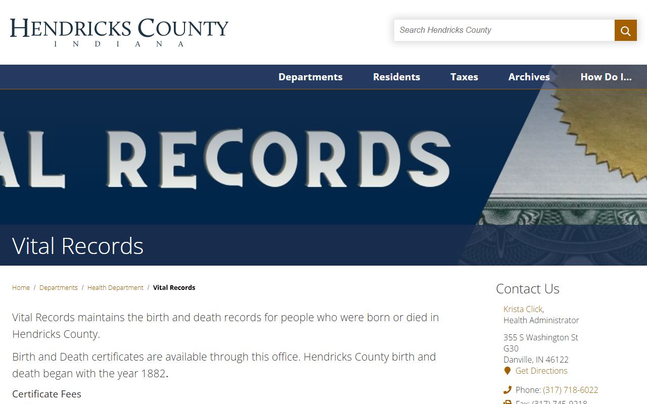 Hendricks County Health Department page for Hendricks County death index requests