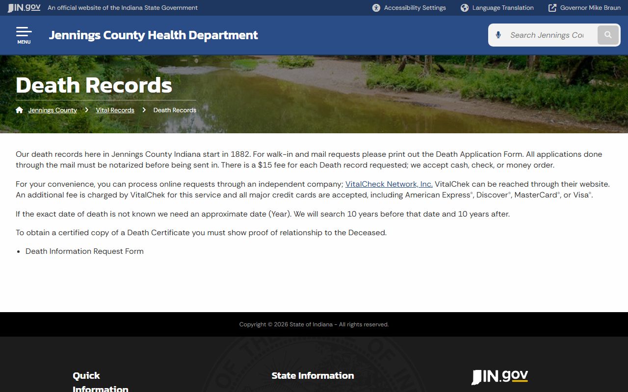 Jennings County Health Department death records page for Jennings County death index