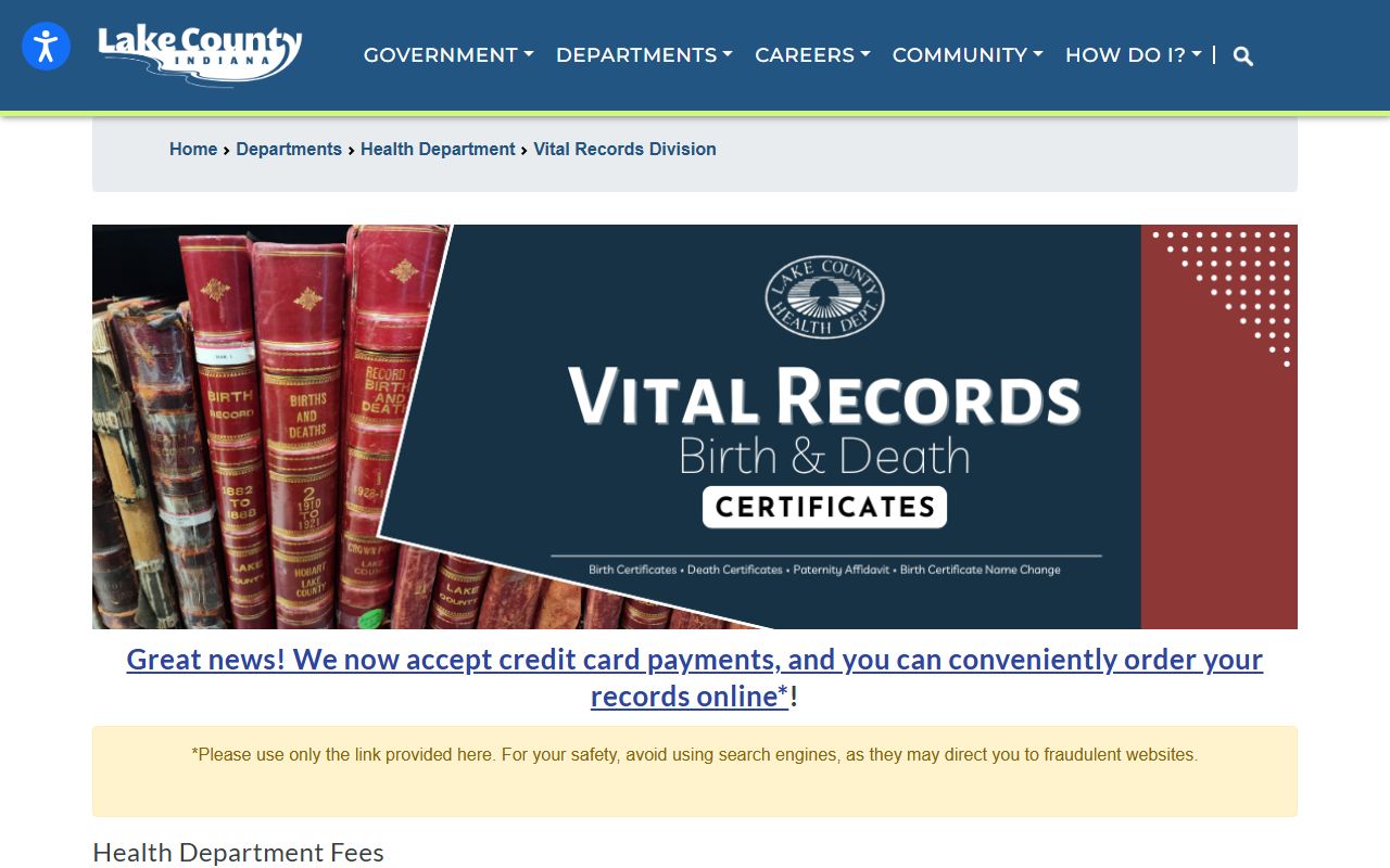 Lake County Health Department website for Lake County death index records