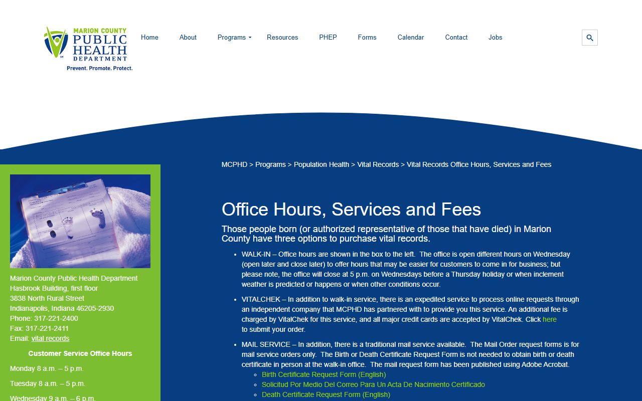 Indianapolis death index fees and services at Marion County Health Department
