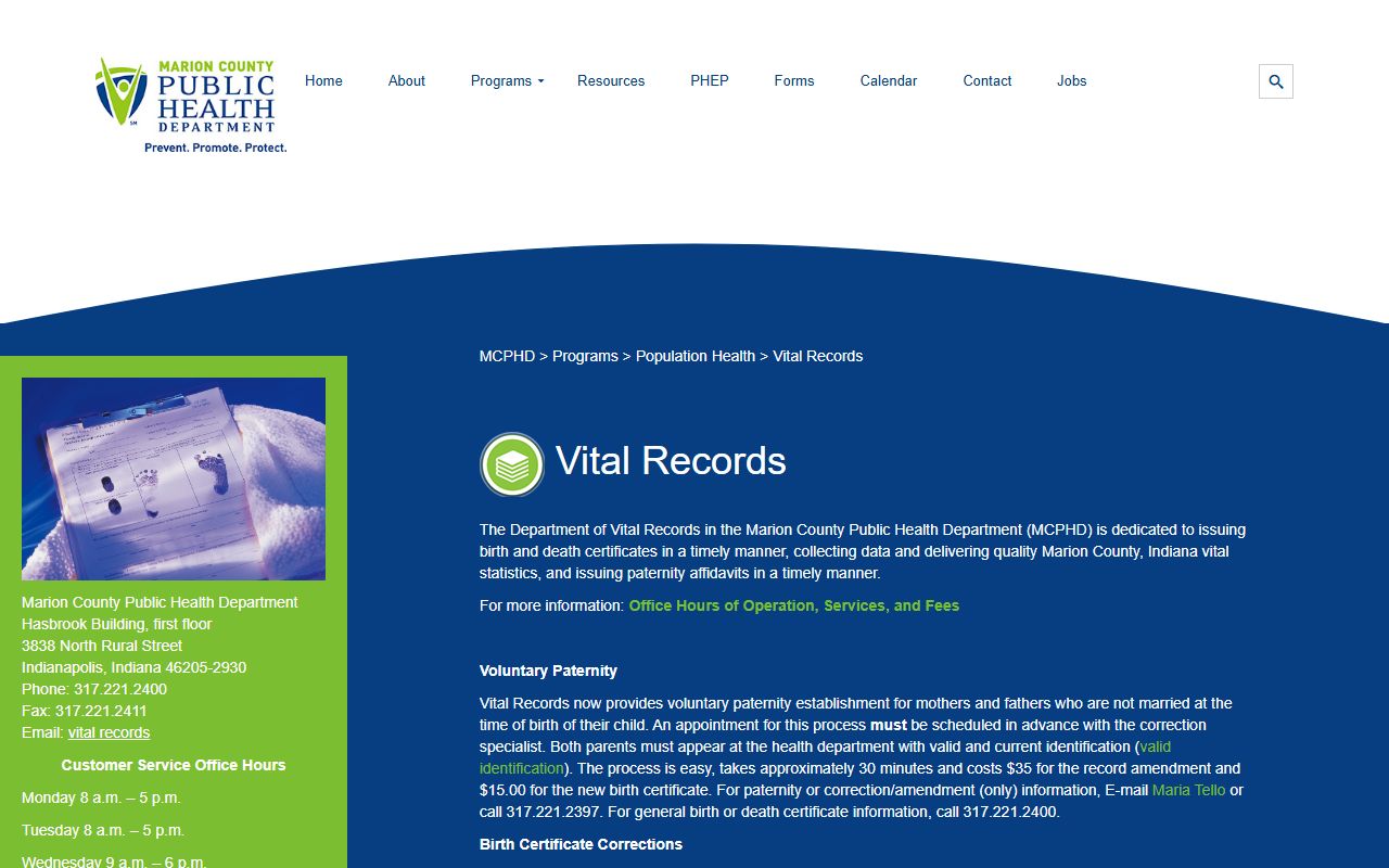 Marion County vital records office for Indianapolis death index requests