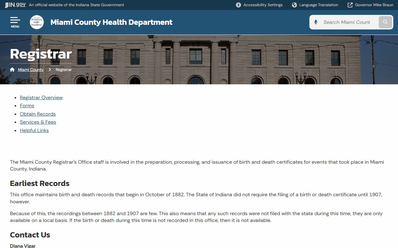 Miami County registrar page for Miami County death index records