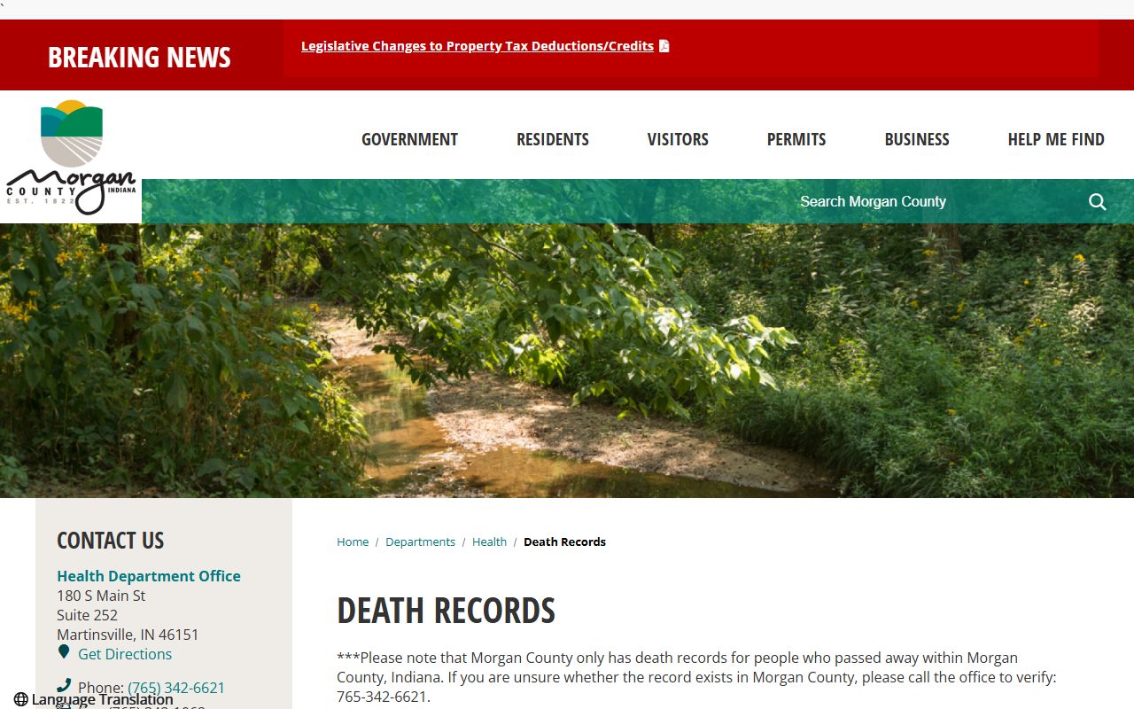 Morgan County Health Department page for Morgan County death index records