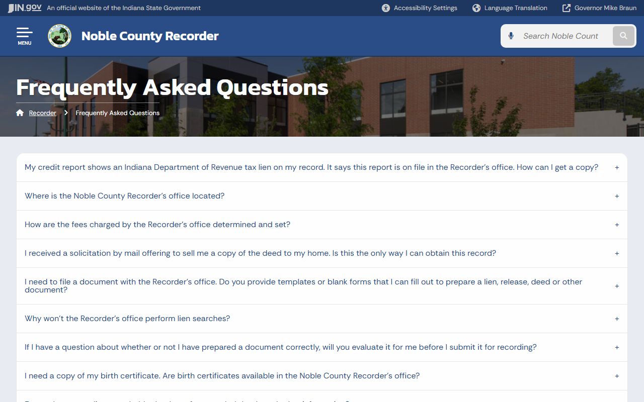 Noble County recorder FAQ page for Noble County death index information