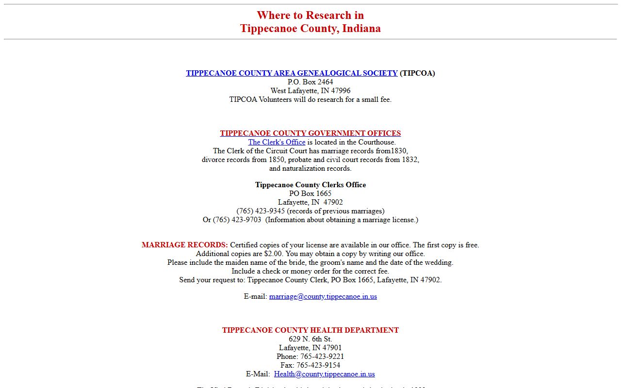 Tippecanoe County genealogy vital records resource for death index research