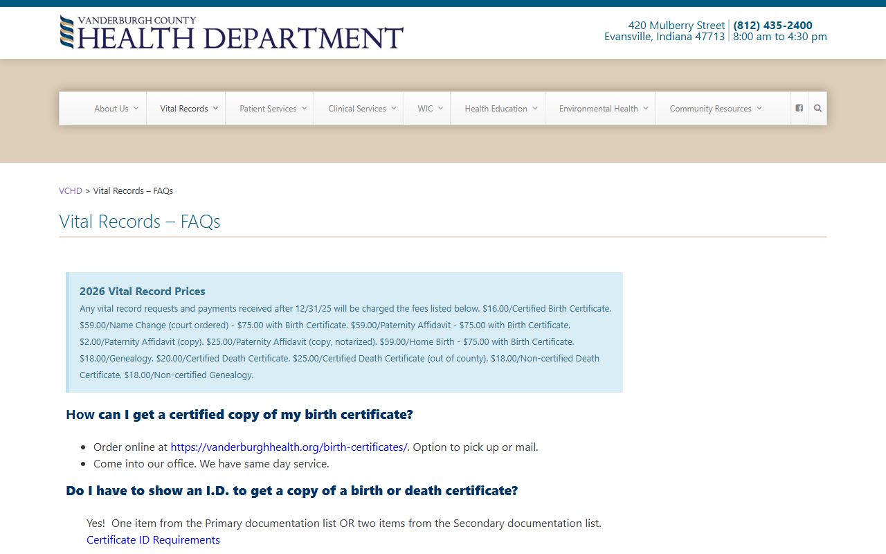 Vanderburgh County Health Department resource page for death index help
