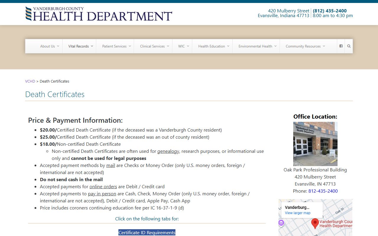 Vanderburgh County death certificates page for Evansville death index