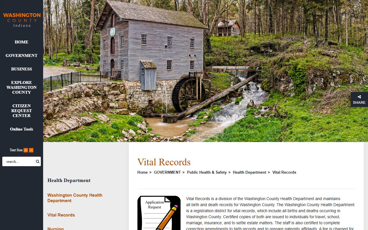 Washington County Health Department vital records page for Washington County death index