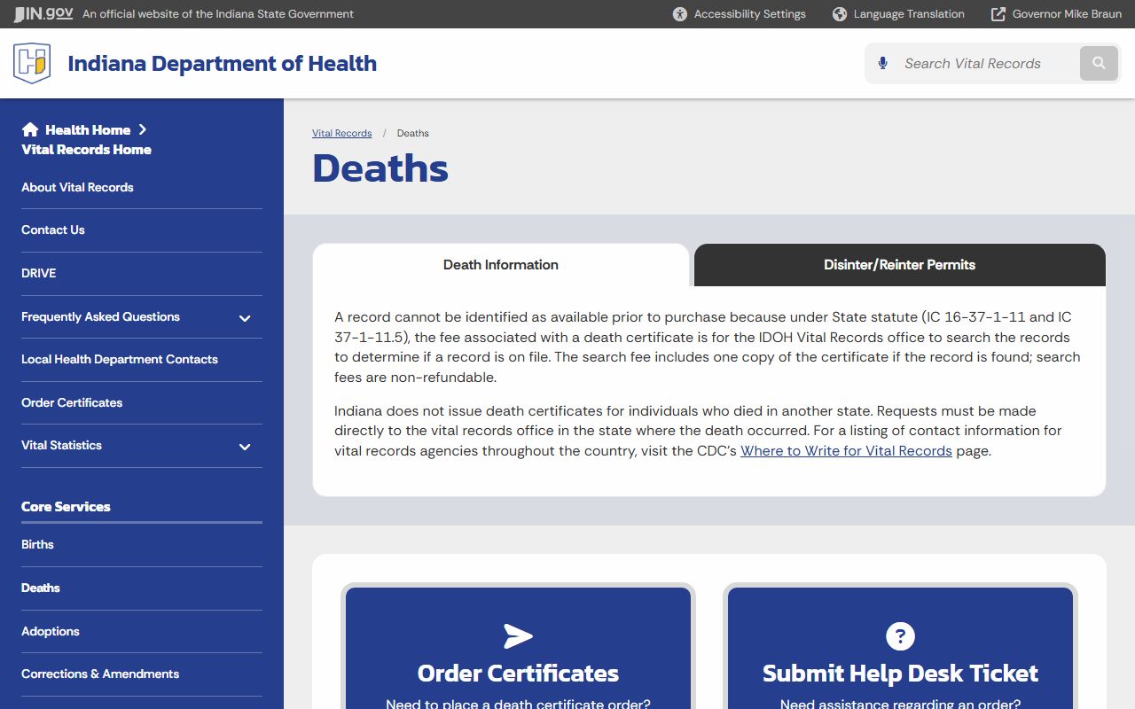 Indiana death index information page from the Indiana Department of Health