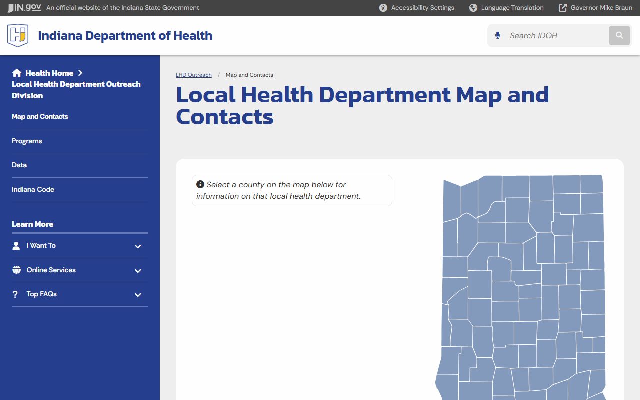 Indiana death index local health department map showing all 92 counties