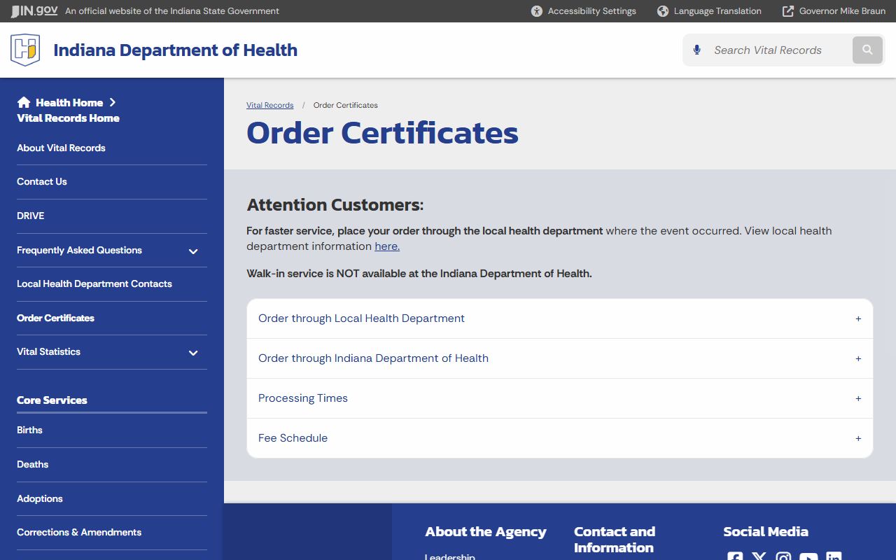 Indiana death index order certificates page for death records